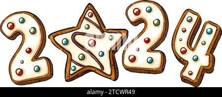 chiffres en pain d'épice avec la phrase 2024, vue de dessus dans le style de dessin animé. Biscuits sucrés dans le message du nouvel an isolé Illustration de Vecteur