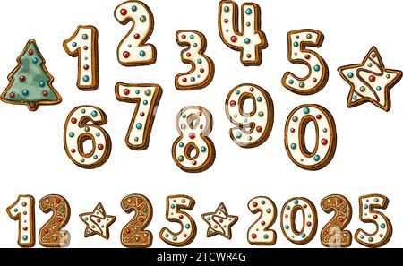 Set Vector dessin animé ensemble de numéros vectoriels en forme de biscuits de pain d'épice de Noël, décorés de glaçage blanc, isolés sur blanc. Illustration de Vecteur