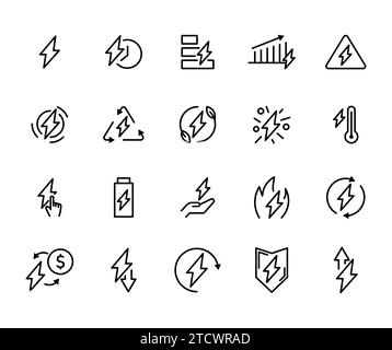 Icône de ligne vectorielle liée à l'énergie. Contour de puissance de symbole d'électricité et collection d'environnement mince. Écologie et recyclage de la batterie. Technologies Illustration de Vecteur