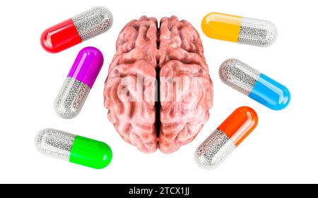 Cerveau humain avec capsules de médicament. Médicament pour les maladies cérébrales, concept. Rendu 3D isolé sur fond blanc Banque D'Images