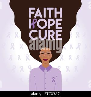 Journée mondiale contre le cancer 4 février. Foi, espoir, phrase de guérison. Femme noire avec ruban violet sur la poitrine avec lettrage sur les cheveux. Prévention du cancer, soins de santé Illustration de Vecteur