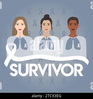 Le mois de la sensibilisation au cancer du poumon. Phrase de survie. Trois femmes avec des rides, des cheveux gris, une silhouette pulmonaire et un ruban blanc sur leur poitrine. Prévention du cancer Illustration de Vecteur