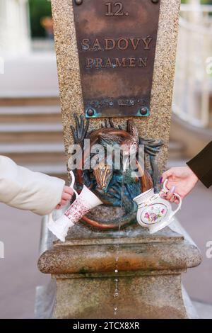 La source de serpent avec de l'eau minérale chaude dans la station balnéaire Karlovy Vary - République tchèque Banque D'Images