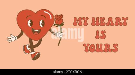 Affiche rétro Groovy Lovely Heart. Coeur rétro groovy. Hippie Happy Heart dans le style de dessin animé rétro.Saint Valentin. Coeur vintage. Illustration vectorielle Illustration de Vecteur