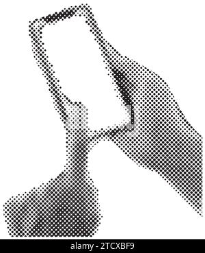 Modèle de téléphone en demi-teinte main. Main tenant le téléphone avec affichage vierge isolé sur fond à carreaux. Illustration vectorielle Illustration de Vecteur