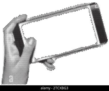 Modèle de téléphone en demi-teinte main. Main tenant le téléphone avec affichage vierge isolé sur fond à carreaux. Illustration vectorielle Illustration de Vecteur