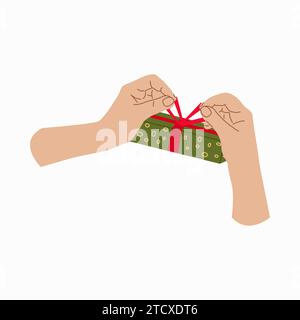 Offrir un cadeau. Main avec boîte cadeau Design pour bannière, web. Les mains attachent le bowknot sur le cadeau. Illustration vectorielle... Illustration de Vecteur