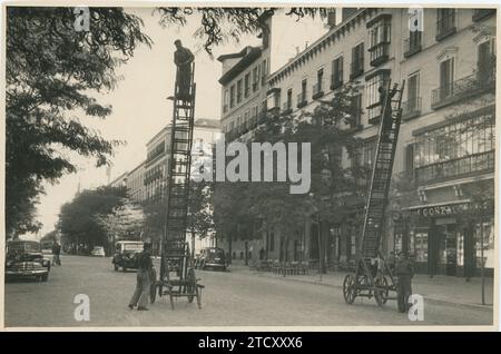 Madrid, 10/28/1949. Les travaux effectués sur la rue Serrano, en raison de la suppression des rails de tramway, sont sur le point de se terminer. Sur la photo, certains ouvriers procèdent à la pose de câbles pour la nouvelle ligne de trolleybus, qui sera bientôt inaugurée. Crédit : Album / Archivo ABC / Virgilio Muro Banque D'Images