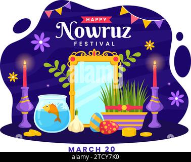 Joyeux jour Novruz Illustration vectorielle. Traduction : nouvel an persan, le 20 mars avec verre, poisson, ornements oeufs et herbe Semeni en fond plat Illustration de Vecteur