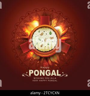 Festival de récolte sud-indien, Happy Pongal célébrations salutations avec des éléments de Pongal, feuille de banane avec nourriture de pongal. Vecteur illustration design Illustration de Vecteur