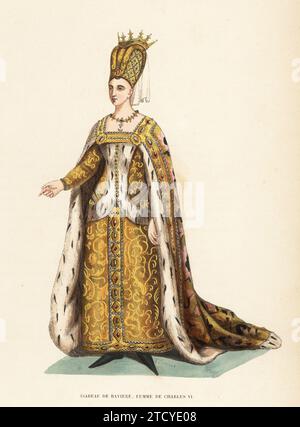 Isabeau de Bavière, reine de France comme épouse du roi Charles VI, c. 1370-1435. Dans son costume de mariage de haut bonnet avec couronne et voile, manteau d'or doublé d'hermine et robe. Isabeau de Bavière, Femme de Charles VI. Gravure sur bois colorée à la main par Evrard Duverger d’après Louis Marie Lante d’après Costume du Moyen Age de Jacques Joseph van Beveren, Costume médiéval, Librairie Historique-artistique, Bruxelles, 1847. Banque D'Images