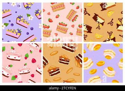 Ensemble de motifs décoratifs avec de savoureux morceaux de gâteaux Illustration de Vecteur