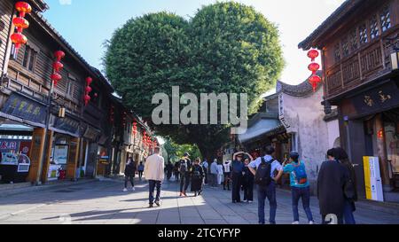 Un banian ressemblant à la forme d'un cœur à Sanfang Qixiang attire les touristes dans la ville de Fuzhou, dans la province du Fujian du sud-est de la Chine, le 14 décembre 2023. Banque D'Images