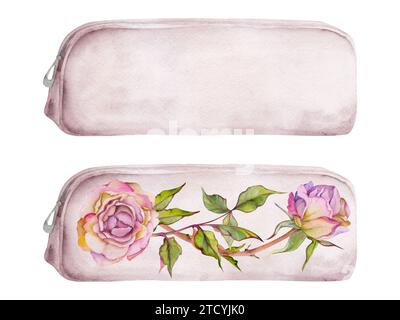 Aquarelle illustration dessinée à la main, étui à crayons souple, sac de maquillage avec fleur rose et conception de feuilles. Objet unique isolé sur blanc. Pour l'école Banque D'Images
