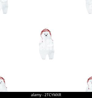 Motif sans couture aquarelle d'un ours blanc mignon dans un chapeau rouge. Joli motif pour l'impression sur des textiles pour enfants et du papier d'emballage Banque D'Images