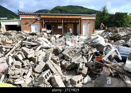 Paysage du village endommagé par le typhon Hinnamno qui a frappé Gyeongju, Pohang, Corée en septembre 2022 Banque D'Images