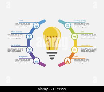 Infographie avec icônes thématiques Amusment Park, 10 étapes. Tels que la mise au point, le carrousel de chaîne, la grande roue, la voiture pare-chocs et plus encore. Illustration de Vecteur