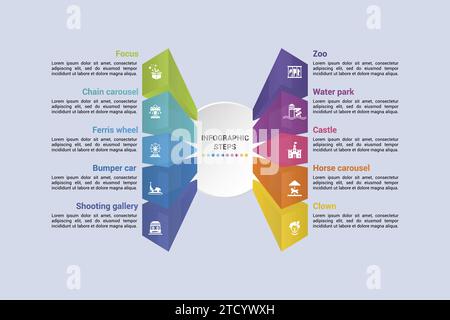 Infographie avec icônes thématiques Amusment Park, 10 étapes. Tels que la mise au point, le carrousel de chaîne, la grande roue, la voiture pare-chocs et plus encore. Illustration de Vecteur