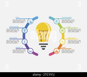 Infographie avec icônes thématiques Amusment Park, 10 étapes. Tels que la mise au point, le carrousel de chaîne, la grande roue, la voiture pare-chocs et plus encore. Illustration de Vecteur