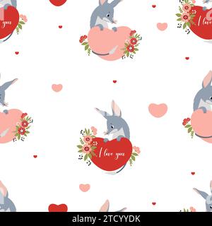 Motif sans couture romantique. Mignon animal australien bilby avec coeur et fleurs sur fond blanc. Illustration vectorielle pour la conception, papier peint, packagi Illustration de Vecteur