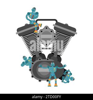 Mini robot mécanicien de voiture et moteur. Nanorobots et moteur à combustion interne. Service de voiture de concept futur. Technologies d'avenir en automobile Illustration de Vecteur