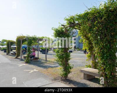 Romanshorn, Suisse - 29 mai 2023 : Grande place avec des bancs à l'ombre dans les anciens quais du port Banque D'Images