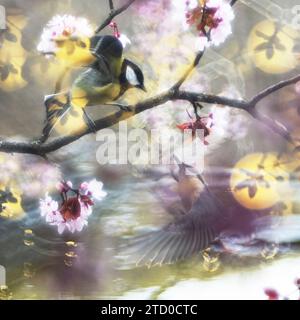 Une image de rêve capturant deux Chickadee et Nuthatch parmi les branches de cerisier en fleurs, baignées d'une lumière douce et dorée. Banque D'Images