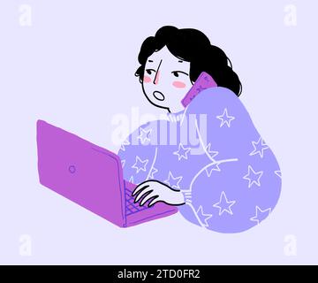 Illustration de femme d'affaires parlant sur le téléphone portable tout en utilisant l'ordinateur portable isolé sur fond blanc Banque D'Images