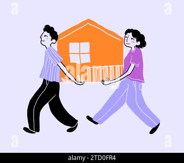 Illustration d'un couple portant des vêtements décontractés portant une maison orange avec fenêtre et clôture tout en déménageant à un nouvel endroit sur fond violet Banque D'Images