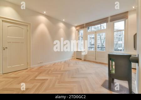 Intérieur de spacieux salon non meublé avec cheminée moderne et fenêtres dans un appartement contemporain éclairé Banque D'Images