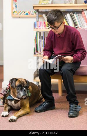 Un jeune étudiant masculin est assis sur le sol de la bibliothèque de l'école lisant un livre au chien d'apprentissage / de thérapie de l'école. Banque D'Images