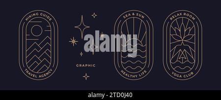 Ensemble de modèle minimaliste de logo d'art de ligne. Badge graphique de ligne de conception moderne simple pour la marque. Paysage soleil, mer, montagne, colline de voyage en plein air. Signe icône de la collection vintage Line. Illustration vectorielle Illustration de Vecteur