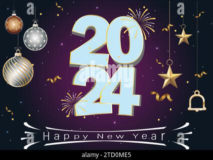 Bonne année 2024 élégant art et texte en or avec des ballons et des confettis. illustration vectorielle commerciale Illustration de Vecteur