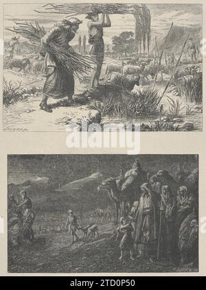 Jacob et les troupeaux de LabanJacob départ de Laban, de 'Dalziels' Bible Gallery' 1926 par Camden Press Banque D'Images