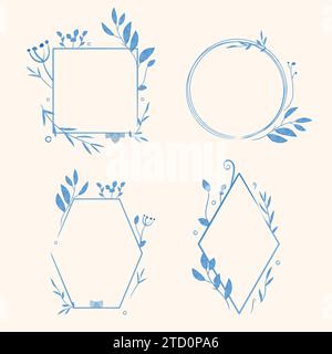 Ensemble d'éléments de conception de logo dessiné à la main vecteur, cadres floraux géométriques, bordures, couronnes. Dessin à la main aquarelle bleue Illustration de Vecteur