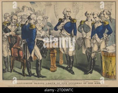 Washington prend congé des officiers de sa taverne Armyat Francis, Broad Street, New York, 4 décembre 1783'avec un cœur plein d'amour et de gratitude, je prends congé de vous. Je souhaite vivement que vos derniers jours soient aussi prospères et heureux que vos anciens aient été glorieux et honorables. 1963 de Nathaniel Currier Banque D'Images