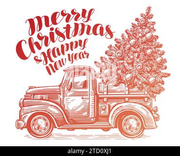 Arbre de Noël et camion agricole rétro. Carte de vœux ou bannière avec texte de félicitations Illustration de Vecteur