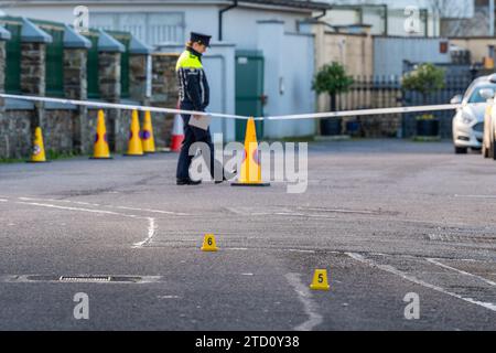 Membre de an Garda Siochána qui garde une scène de crime en Irlande. Banque D'Images