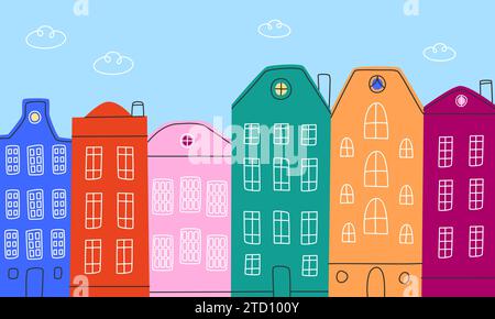 Un ensemble de doodle canal houses.Buildings modèle. Illustration de Vecteur