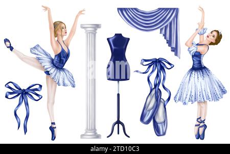 Un ensemble d'illustrations isolées sur le thème du ballet en bleu. Une paire de ballerines en tutus gonflés, chaussures de pointe, colonnes de théâtre et rideaux. Choreogra Banque D'Images