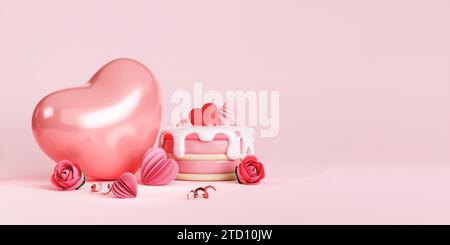 modèle de bannière 3d conçu avec gâteau, ballons en forme de coeur. Fond rose minimal adapté pour la fête des mères et la Saint-Valentin. rendu 3d. Banque D'Images