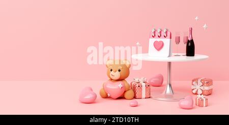 Heureux ours en peluche valentine tenant des coeurs roses, anniversaire, cadeau romantique, rendu 3d Illustration Banque D'Images