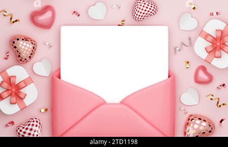 Carte blanche vierge dans une enveloppe rose sur fond de couleur pastel rose avec ballon coeur, boîte cadeau et confettis. Lettre d'amour minimale conceptuelle 3D. Banque D'Images