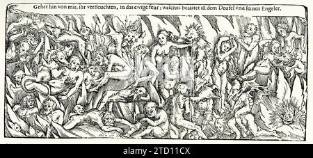 Cette gravure sur bois allemande du XVIe siècle représentant les démons et les damnés a été réalisée par Lucas Cranach l'ancien (1472-1553). La date est autour de 1510. Il montre des hommes et des femmes tourmentés par le feu et les divinités. Lucas Cranach l'ancien était un peintre allemand de la Renaissance et graveur en gravure sur bois. Il a été peintre de cour des électeurs de Saxe pendant la majeure partie de sa carrière, et est connu pour ses portraits Banque D'Images