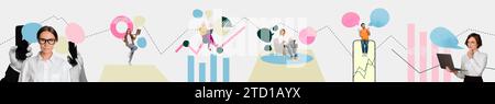 Panorama collection photos collage de jeunes gens d'affaires travaillant dans les finances marchés boursiers analysant isolé sur fond blanc Banque D'Images