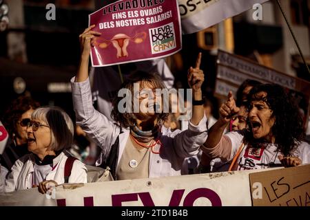 Barcelone, Espagne. 15 décembre 2023 : des membres du secteur de la santé défilent à Barcelone lors d'une grève contre les conditions de travail précaires : bas salaires, beaucoup d'heures de travail et pénuries de personnel. Banque D'Images