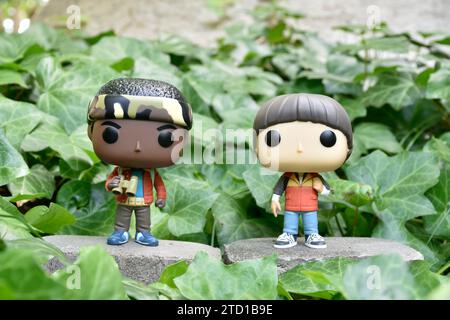 Funko Pop figurines de Lucas et Will de Netflix Supernatural série télévisée Stranger Things. Feuilles de lierre verte, jardin abandonné, amis. Banque D'Images