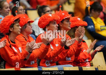 HERNING, DANEMARK - DÉCEMBRE 15 : fans des pays-Bas lors du 26e Championnat du monde féminin de handball de l'IHF, match de 5-8 places entre le Monténégro et les pays-Bas à Jyske Bank Boxen le 15 décembre 2023 à Herning, Danemark (photo de Henk Seppen/Orange Pictures) Banque D'Images