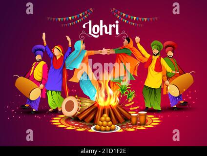 Happy Lohri festival du Punjab Indian Harvest background. Illustration vectorielle de deux filles jouant la danse lohri. Illustration de Vecteur