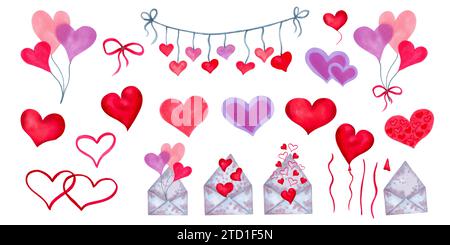 Ensemble d'éléments pour la Saint-Valentin, Singles Day, amis et copines. Différentes formes et couleurs de coeurs, enveloppes, arcs et coeur en forme Banque D'Images
